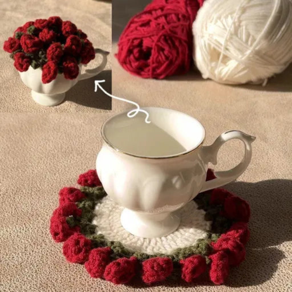 Handmade Crochet Rose Coaster | Floral Table Decor