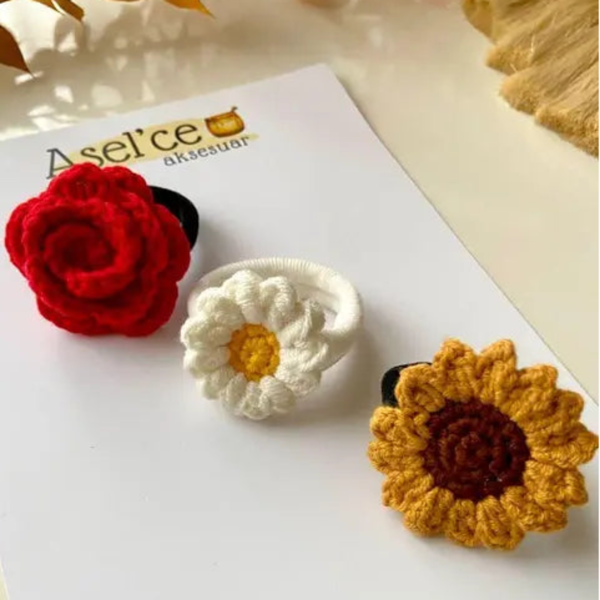 handmade crochet flower hair ties sunflower rose daisy set